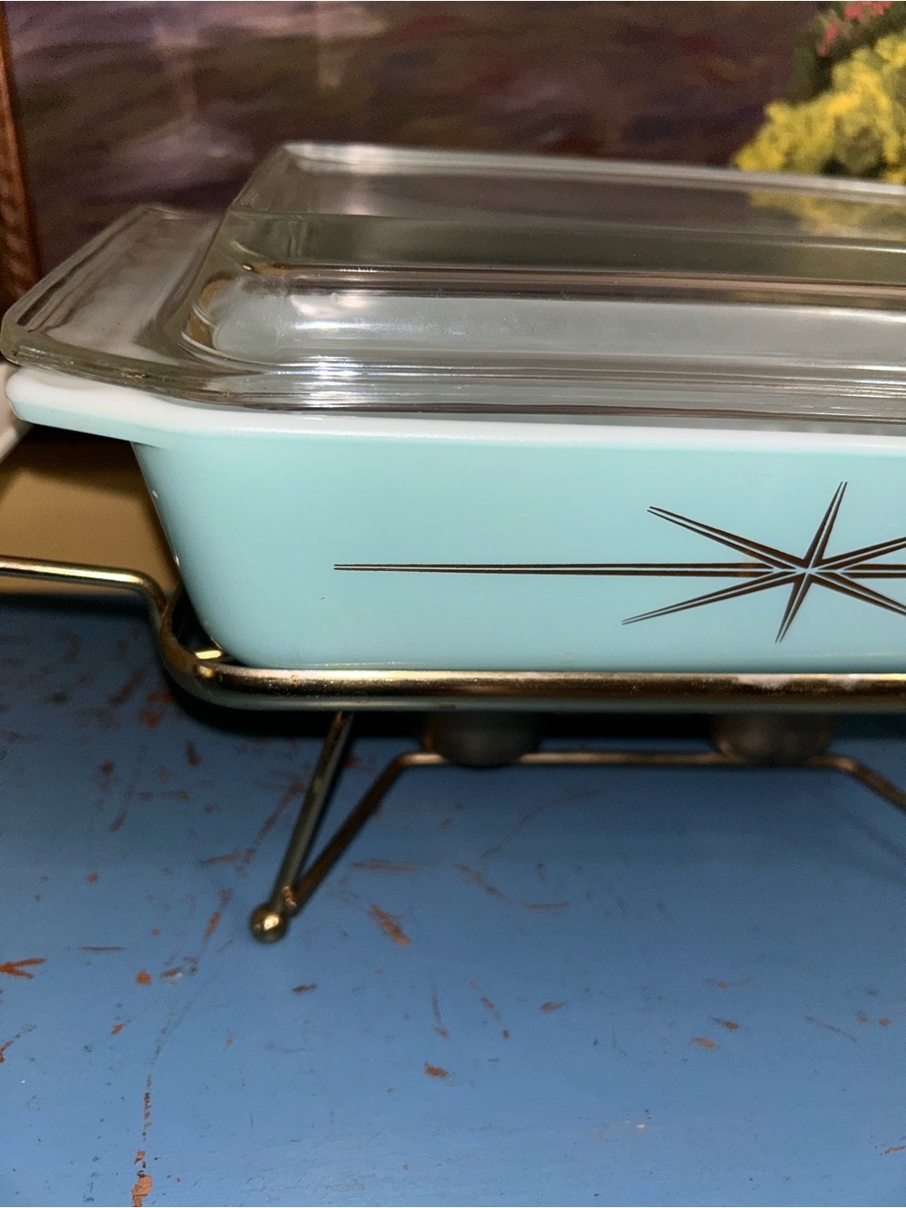 Rare Pyrex Atomic Starburst 2 QT Dish with Glass Lid and Stand Warmer - Picture 10 of 16